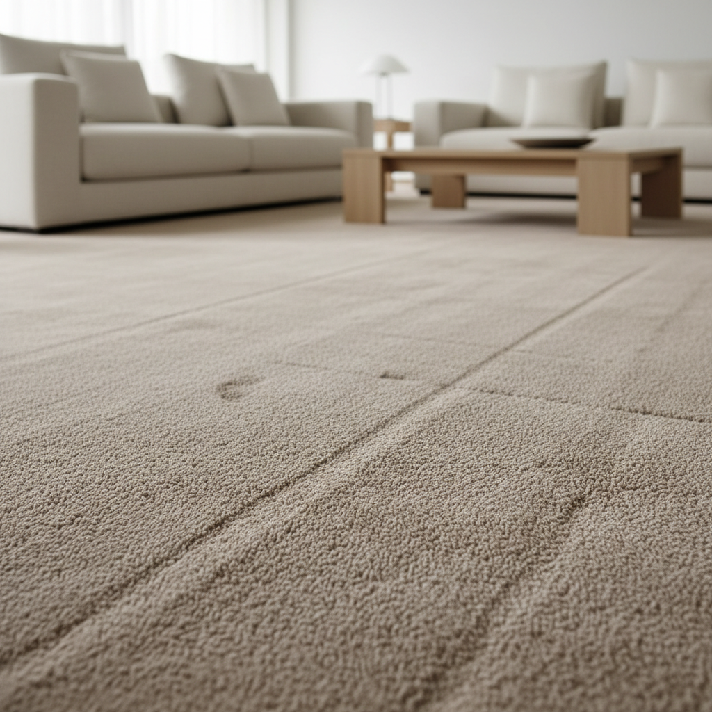 A luxurious expanse of custom-cut, taupe plush carpet stretching across a modern living room, every fiber crisp and distinct in photographic realism. The dense, soft pile shows subtle footprints and vacuum lines, emphasizing quality and craftsmanship. Surrounding it, clean-lined furniture with neutral upholstery and a low, minimalist coffee table sit slightly out of focus, reinforcing that the carpet is the star. Soft, indirect daylight pours in from a large unseen window, creating gentle highlights across the fibers and faint shadows along the edges. Captured from a slightly elevated, wide-angle perspective with sharp focus on the carpet texture in the foreground, the composition feels professional, calm, and inviting, ideal for a custom carpet sales and installation brand homepage.