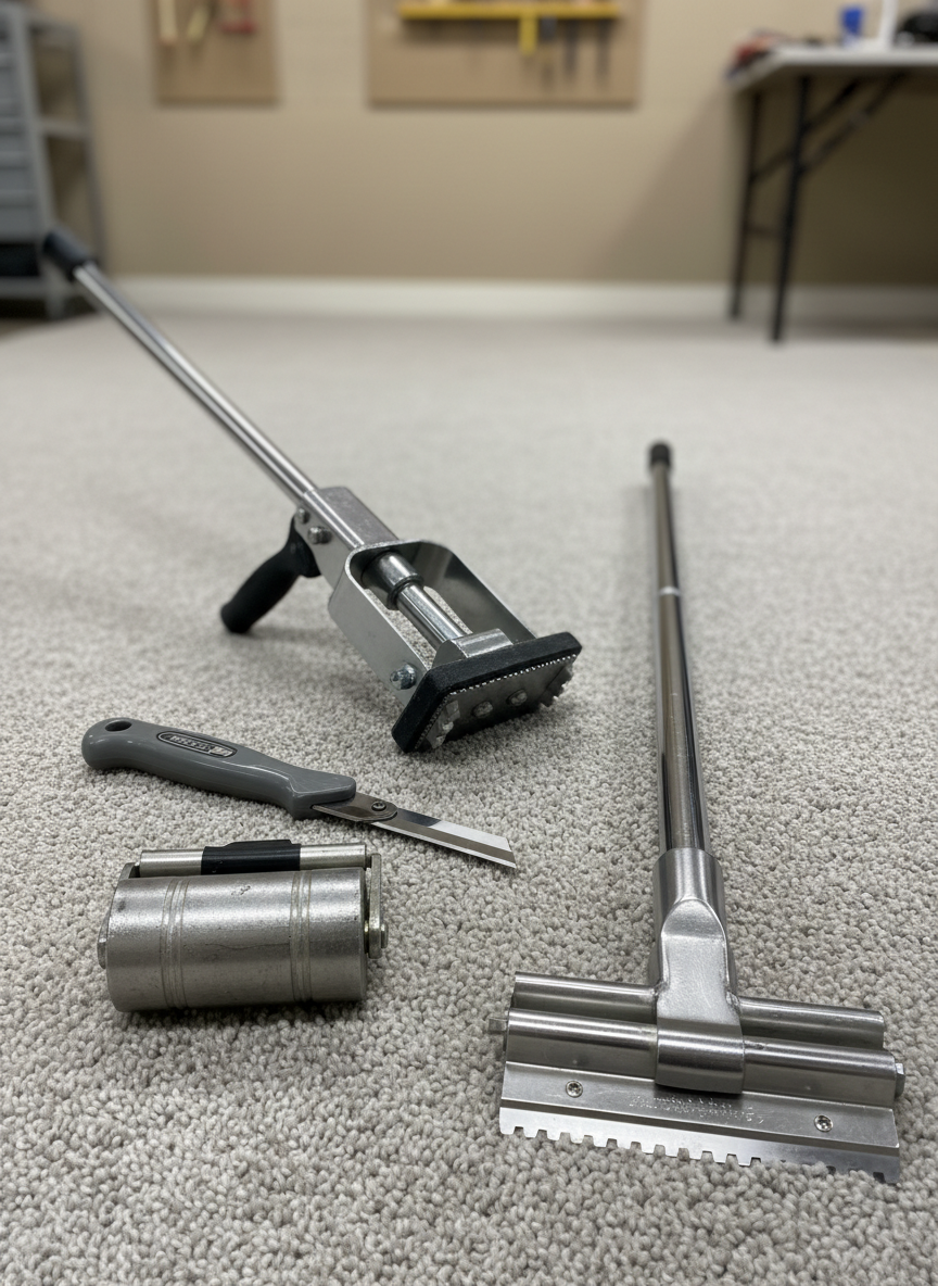 A detailed, photographic close-up of a carpet installer’s toolkit neatly arranged on a freshly laid, light gray loop-pile carpet. The tools include a gleaming knee kicker, sleek carpet stretcher, precision trimming knife with a fresh blade, and a metal seam roller, all positioned with intentional spacing to look organized and professional. The carpet’s texture is sharply in focus, each loop clearly defined. Soft, overhead workshop lighting creates clean, minimal shadows and subtle reflections on the metal surfaces. The background fades into a neutral blur, ensuring the tools and carpet surface dominate the frame. The mood is professional, trustworthy, and meticulous, ideal for communicating high-quality custom carpet installation services without showing any people.