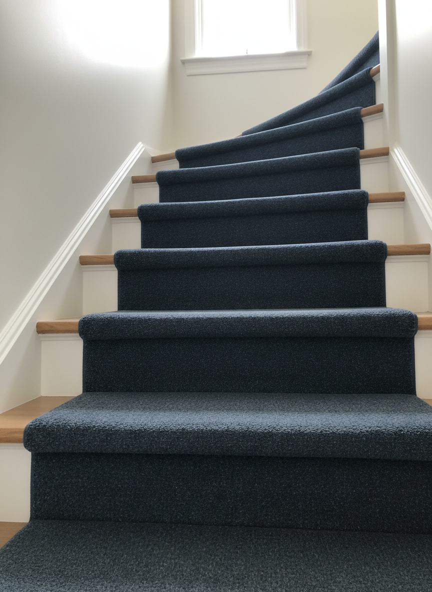 A meticulously installed staircase runner in deep slate-blue textured carpet, hugging each step with perfectly aligned edges and crisp, straight lines. The stairs are white-painted wood with simple, modern trim, emphasizing the precision of the installation. Shot from a low angle looking upward, the photographic composition highlights the smooth, continuous flow of the carpet and its subtle pattern. Natural window light from above bathes the scene in soft brightness, creating gentle contrast between the dark runner and the light surroundings. Shadows along the stair edges add depth while the overall atmosphere remains professional, orderly, and reassuring, showcasing expert carpet installation craftsmanship for a high-end residential project.