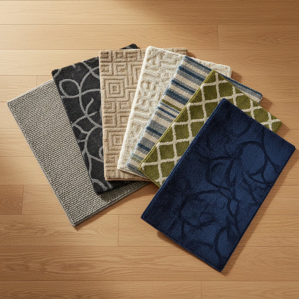 A close-up, overhead photographic view of several large carpet swatches arranged in a neat, fan-like spread on a smooth, light oak floor. Each swatch displays a different custom texture and pattern, from low-profile berber in warm gray to thick, patterned cut-pile in rich charcoal and subtle geometric designs in sandy beige. Fine fibers and weave details are clearly visible, showcasing craftsmanship and material quality. Soft, diffused daylight from the side produces delicate shadows between layers and subtle highlights on the fibers. The composition is clean and balanced, with ample negative space at the edges, creating a professional, modern mood ideal for illustrating custom carpet selection options.